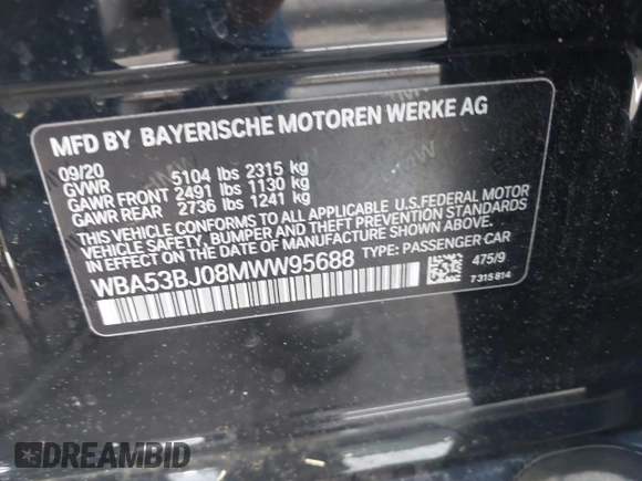 2021 BMW 5 Series 540i with VIN WBA53BJ08MWW95688, listed as a IAAI auction lot 42064036 with 39,410 mi miles and . Bid and sale history available at DreamBid. Image 9.