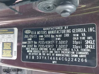 2012 Kia Sorento LX with VIN 5XYKT4A64CG224266, listed as a IAAI auction lot 41733884 with 245,229 mi miles. Bid and sale history available at carsss.com. Image 9.