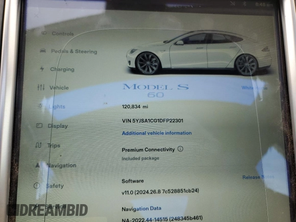 2013 Tesla Model S with VIN 5YJSA1CG1DFP22301, listed as a Copart auction lot 47323125 with 120,834 mi miles and Clean Title. Bid and sale history available at carsss.com. Image 9.