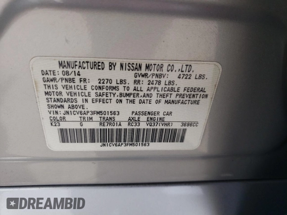 2015 Infiniti Q40 with VIN JN1CV6AP3FM501563, listed as a Copart auction lot 65633804 with 76,736 mi miles and Clean Title. Bid and sale history available at carsss.com. Image 12.