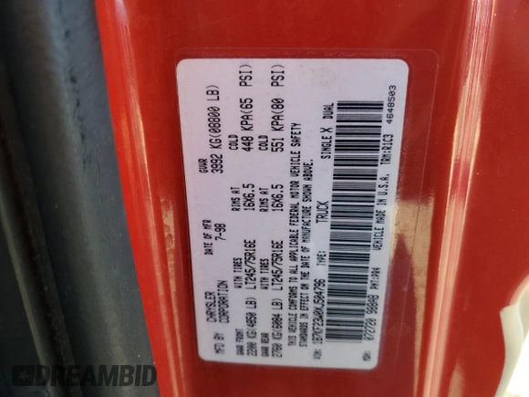 1999 Dodge 2500 with VIN 1B7KF23W0XJ504796, listed as a Copart auction lot 78284904 with Not provided miles and Salvage title. Bid and sale history available at DreamBid. Image 12.
