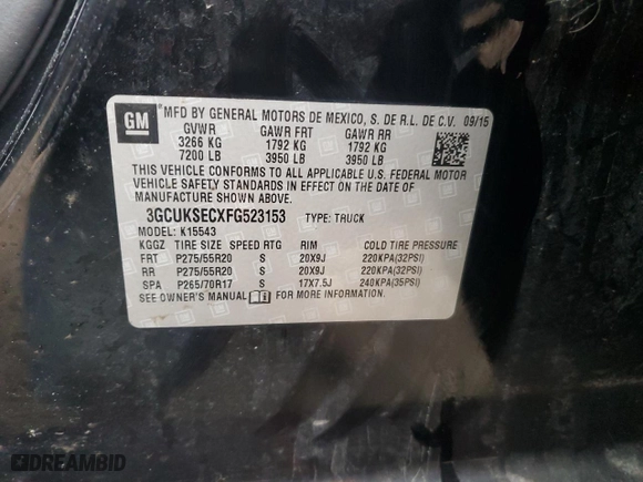 2015 Chevrolet Silverado 1500 LTZ with VIN 3GCUKSECXFG523153, listed as a Copart auction lot 44009825 with 106,763 mi miles and Salvage Title. Bid and sale history available at carsss.com. Image 12.