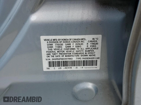 2012 Honda Civic EX with VIN 2HGFB2F86CH579963, listed as a Copart auction lot 53362995 with Not Provided miles and Non Repairable. Bid and sale history available at DreamBid. Image 12.