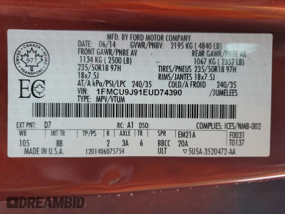 2014 Ford Escape Titanium with VIN 1FMCU9J91EUD74390, listed as a Copart auction lot 87719005 with 251,315 mi miles and Clean Title. Bid and sale history available at carsss.com. Image 13.