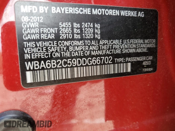 2013 BMW 6 Series 650i with VIN WBA6B2C59DDG66702, listed as a Copart auction lot 52327905 with 112,300 mi miles and Salvage Title. Bid and sale history available at DreamBid. Image 13.