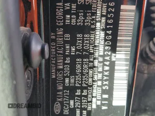 2013 Kia Sorento SX with VIN 5XYKW4A23DG416526, listed as a Copart auction lot 50945605 with 190,428 mi miles and Salvage Title. Bid and sale history available at carsss.com. Image 12.