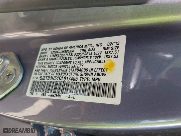 2013 Acura RDX Tech Pkg with VIN 5J8TB3H51DL017405, listed as a IAAI auction lot 40805022 with 100,661 mi miles. Bid and sale history available at carsss.com. Image 9.