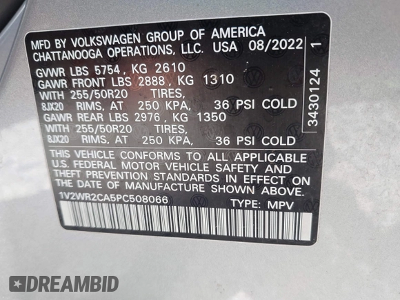 2023 Volkswagen Atlas SE с VIN 1V2WR2CA5PC508066, выставлен на аукционе IAAI как лот 41836815 с пробегом 53 911 миль миль и . История ставок и продаж доступна на DreamBid. Изображение 9.