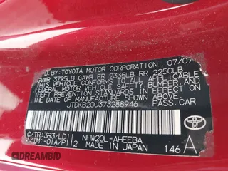 2007 Toyota Prius z VIN JTDKB20U373288946, wystawiony jako IAAI lot #42385536 z przebiegiem 133 336 mil mil oraz . Historia ofert i sprzedaży dostępna na DreamBid. Obrazek 9.