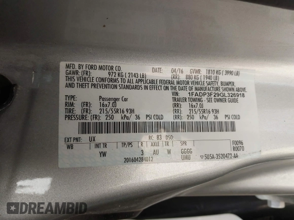 2016 Ford Focus SE with VIN 1FADP3F29GL326918, listed as a IAAI auction lot 41561811 with 44,496 mi miles. Bid and sale history available at carsss.com. Image 9.