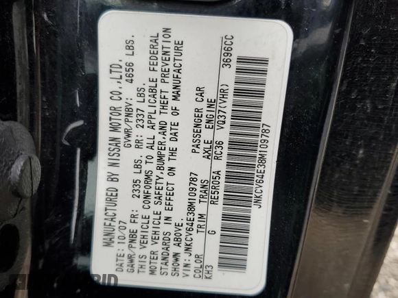 2008 Infiniti G37 Journey with VIN JNKCV64E38M109787, listed as a Copart auction lot 51329535 with 180,857 mi miles and Salvage Title. Bid and sale history available at DreamBid. Image 13.