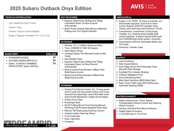 2025 Subaru Outback Onyx with VIN 4S4BTALCXS3173503, listed as a Copart auction lot 61924055 with 6,330 mi miles and Salvage title. Bid and sale history available at DreamBid. Image 12.
