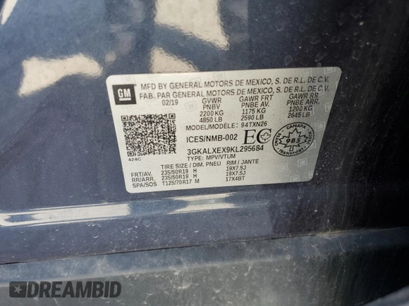 2019 GMC Terrain Denali with VIN 3GKALXEX9KL295684, listed as a Copart auction lot 53976375 with 92,706 mi miles and Salvage title. Bid and sale history available at DreamBid. Image 13.