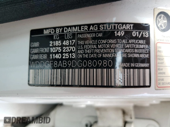 2013 Mercedes-Benz C 300 Sport with VIN WDDGF8AB9DG080980, listed as a Copart auction lot 59307245 with 195,178 mi miles and Salvage title. Bid and sale history available at DreamBid. Image 12.