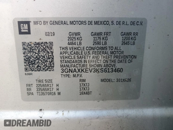 2019 Chevrolet Equinox LT with VIN 3GNAXKEV3KS613460, listed as a Copart auction lot 48407255 with 104,425 mi miles and Salvage Title. Bid and sale history available at carsss.com. Image 14.