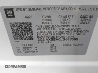 2020 Chevrolet Equinox LS z VIN 3GNAXSEV0LS648569, wystawiony jako IAAI lot #42010721 z przebiegiem 39 949 mil mil oraz . Historia ofert i sprzedaży dostępna na DreamBid. Obrazek 9.