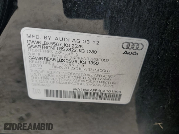 2012 Audi Q5 Prestige with VIN WA1WKAFP4CA101999, listed as a Copart auction lot 56594395 with 149,137 mi miles and Salvage title. Bid and sale history available at DreamBid. Image 13.