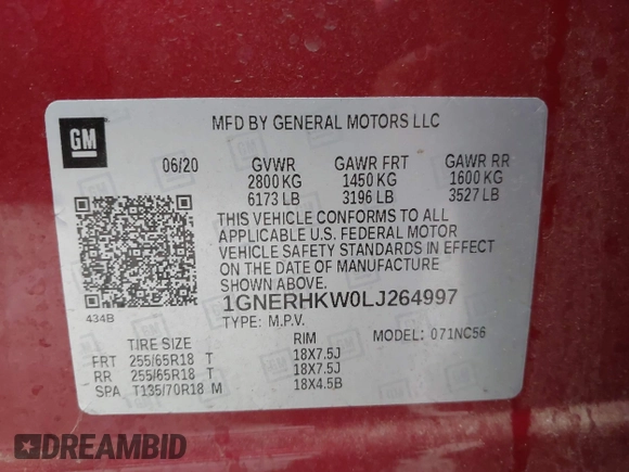 2020 Chevrolet Traverse LT with VIN 1GNERHKW0LJ264997, listed as a IAAI auction lot 41867518 with 36,717 mi miles and . Bid and sale history available at DreamBid. Image 9.
