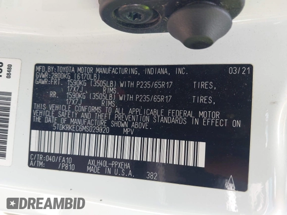 2021 Toyota Sienna LE with VIN 5TDKRKEC6MS029020, listed as a IAAI auction lot 42381285 with 103,260 mi miles and . Bid and sale history available at DreamBid. Image 9.