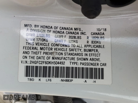 2019 Honda Civic LX with VIN 2HGFC2F60KH504492, listed as a Copart auction lot 47772205 with 81,617 mi miles and Salvage Title. Bid and sale history available at DreamBid. Image 14.