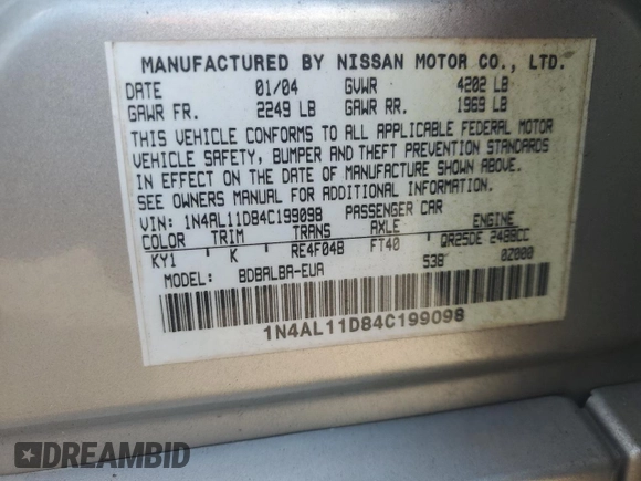 2004 Nissan Altima S with VIN 1N4AL11D84C199098, listed as a Copart auction lot 44834985 with 167,174 mi miles and Salvage Title. Bid and sale history available at carsss.com. Image 13.