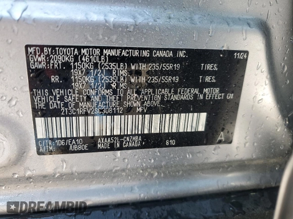 2025 Toyota RAV4 XLE Premium with VIN 2T3C1RFV2SC308112, listed as a Copart auction lot 52308415 with 11,179 mi miles and Salvage title. Bid and sale history available at DreamBid. Image 13.