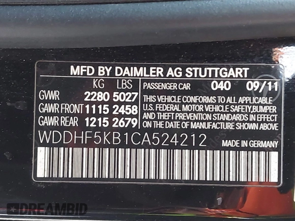 2012 Mercedes-Benz E E 350 Luxury with VIN WDDHF5KB1CA524212, listed as a IAAI auction lot 41041293 with 358,857 mi miles. Bid and sale history available at carsss.com. Image 9.