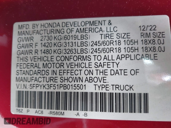 2023 Honda Ridgeline RTL с VIN 5FPYK3F51PB015501, выставлен на аукционе IAAI как лот 42422286 с пробегом 31 305 миль миль и . История ставок и продаж доступна на DreamBid. Изображение 9.