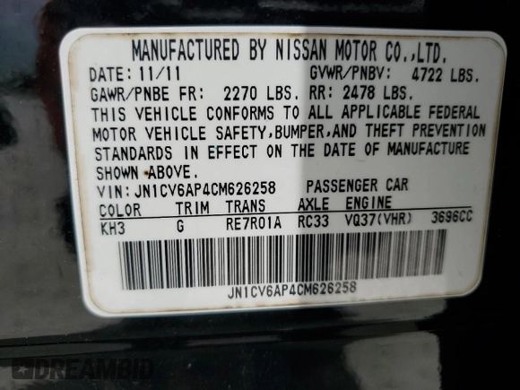 2012 Infiniti G37 Sedan Journey with VIN JN1CV6AP4CM626258, listed as a Copart auction lot 54719895 with 155,869 mi miles and Clean Title. Bid and sale history available at carsss.com. Image 12.