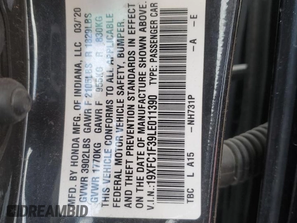 2020 Honda Civic Sedan EX with VIN 19XFC1F39LE011390, listed as a Copart auction lot 43744235 with 34,460 mi miles and Salvage Title. Bid and sale history available at carsss.com. Image 12.