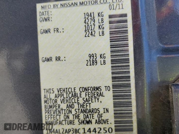 2011 Nissan Altima S with VIN 1N4AL2AP3BC144250, listed as a Copart auction lot 62826155 with 114,588 mi miles and Salvage title. Bid and sale history available at DreamBid. Image 12.