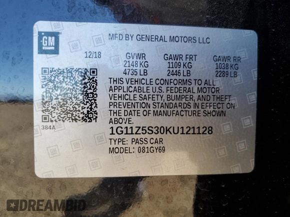 2019 Chevrolet Impala LT with VIN 1G11Z5S30KU121128, listed as a Copart auction lot 46629855 with 67,639 mi miles and Salvage Title. Bid and sale history available at DreamBid. Image 14.