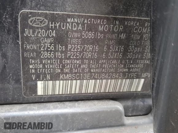 2004 Hyundai Santa Fe GLS with VIN KM8SC13E74U842843, listed as a Copart auction lot 84851334 with 0 mi miles and Salvage Title. Bid and sale history available at carsss.com. Image 13.