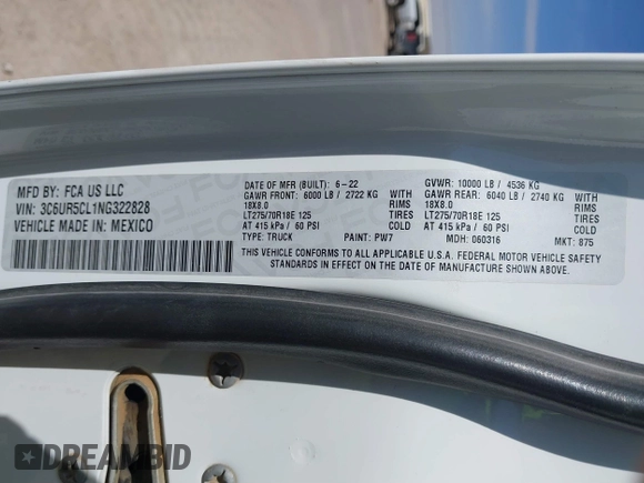 2022 Ram 2500 Tradesman с VIN 3C6UR5CL1NG322828, выставлен на аукционе IAAI как лот 41558823 с пробегом 142 287 миль миль и . История ставок и продаж доступна на DreamBid. Изображение 9.