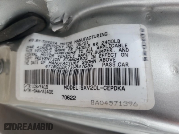 2001 Toyota Camry CE z VIN 4T1BG22K71U847635, wystawiony jako Copart lot #53729415 z przebiegiem 176 347 mil mil oraz Nie do naprawy • Non repairable. Historia ofert i sprzedaży dostępna na DreamBid. Obrazek 12.