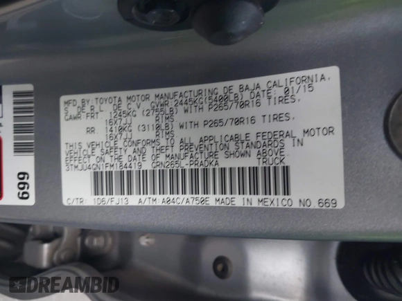 2015 Toyota Tacoma PreRunner with VIN 3TMJU4GN1FM184419, listed as a IAAI auction lot 41102082 with 52,726 mi miles and . Bid and sale history available at DreamBid. Image 9.