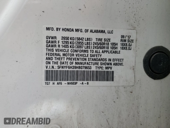 2017 Honda Pilot EX with VIN 5FNYF6H39HB079653, listed as a Copart auction lot 46905335 with 126,475 mi miles and Salvage Title. Bid and sale history available at DreamBid. Image 13.