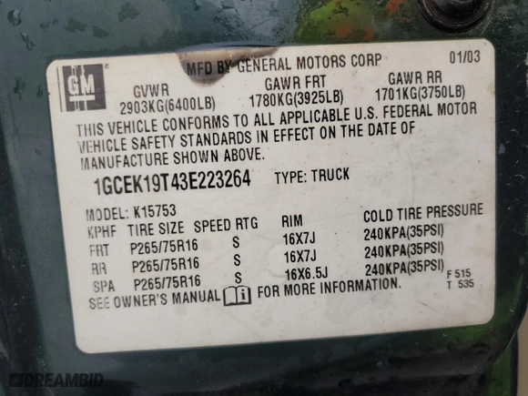 2003 Chevrolet Silverado 1500 LT with VIN 1GCEK19T43E223264, listed as a Copart auction lot 51336905 with 188,672 mi miles and Salvage Title. Bid and sale history available at carsss.com. Image 12.