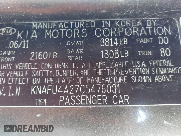 2012 Kia Forte EX with VIN KNAFU4A27C5476031, listed as a IAAI auction lot 41633058 with 137,998 mi miles. Bid and sale history available at carsss.com. Image 9.