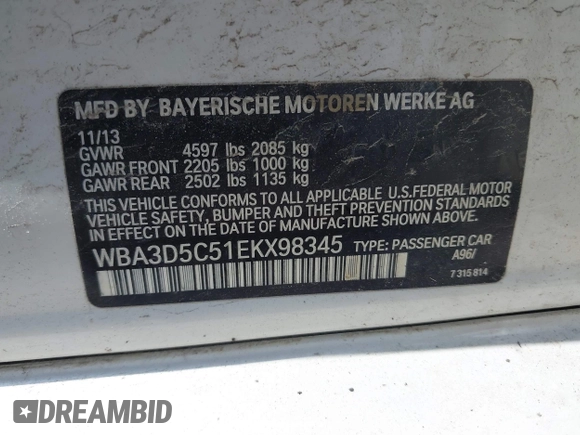 2014 BMW 3 Series 328d xDrive with VIN WBA3D5C51EKX98345, listed as a IAAI auction lot 42541364 with 93,215 mi miles and . Bid and sale history available at DreamBid. Image 9.