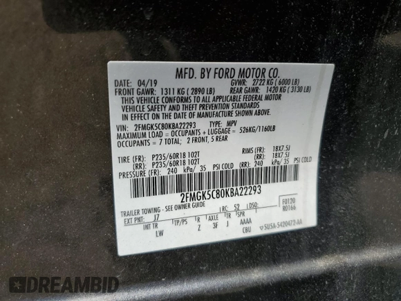 2019 Ford Flex SEL with VIN 2FMGK5C80KBA22293, listed as a Copart auction lot 66200614 with 42,336 mi miles and Salvage Title. Bid and sale history available at carsss.com. Image 14.
