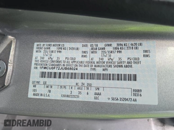 2018 Ford Escape S with VIN 1FMCU0F72JUB68024, listed as a IAAI auction lot 42849105 with 96,473 mi miles and . Bid and sale history available at DreamBid. Image 19.