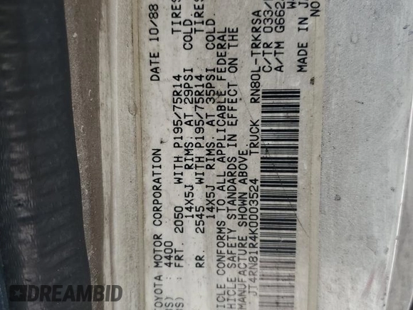 1989 Toyota Pickup с VIN JT4RN81R4K0003524, выставлен на аукционе Copart как лот 56073845 с пробегом 153 704 миль миль и Чистый • Clean title. История ставок и продаж доступна на DreamBid. Изображение 12.