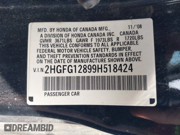 2009 Honda Civic EX with VIN 2HGFG12899H518424, listed as a IAAI auction lot 42019765 with 214,577 mi miles and . Bid and sale history available at DreamBid. Image 9.