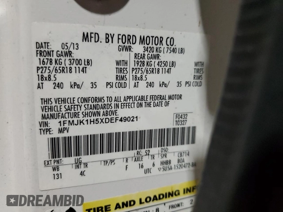 2013 Ford Expedition Max XLT with VIN 1FMJK1H5XDEF49021, listed as a Copart auction lot 42821485 with 124,870 mi miles and Clean title. Bid and sale history available at DreamBid. Image 13.