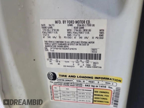2013 Ford F-150 XL with VIN 1FTFW1ET5DKF21615, listed as a IAAI auction lot 42832458 with 196,851 mi miles and . Bid and sale history available at DreamBid. Image 45.