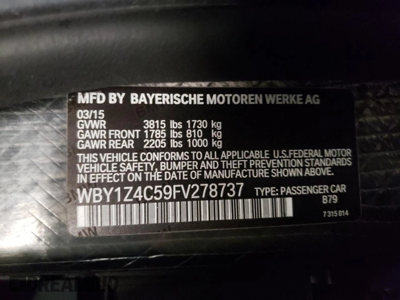 2015 BMW i3 with VIN WBY1Z4C59FV278737, listed as a Copart auction lot 55796643 with 92,584 mi miles. Bid and sale history available at carsss.com. Image 12.