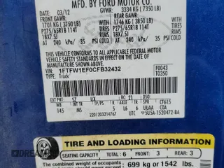 2012 Ford F-150 XL with VIN 1FTFW1EF0CFB32432, listed as a Copart auction lot 57933145 with 169,099 mi miles and Salvage title. Bid and sale history available at DreamBid. Image 12.