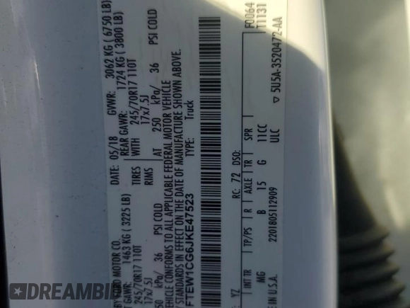 2018 Ford F-150 XL with VIN 1FTEW1CG6JKE47523, listed as a Copart auction lot 47450605 with 109,107 mi miles and Salvage Title. Bid and sale history available at carsss.com. Image 14.
