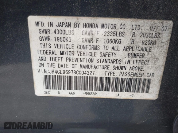 2008 Acura TSX Nav with VIN JH4CL96978C004327, listed as a IAAI auction lot 42209860 with 199,335 mi miles and . Bid and sale history available at DreamBid. Image 9.
